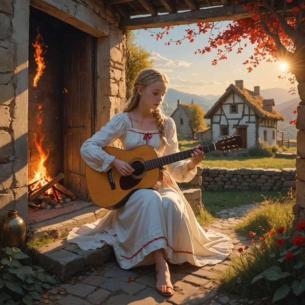 Girl Plays Guitar at Twilight: Hyper-Realistic Scene