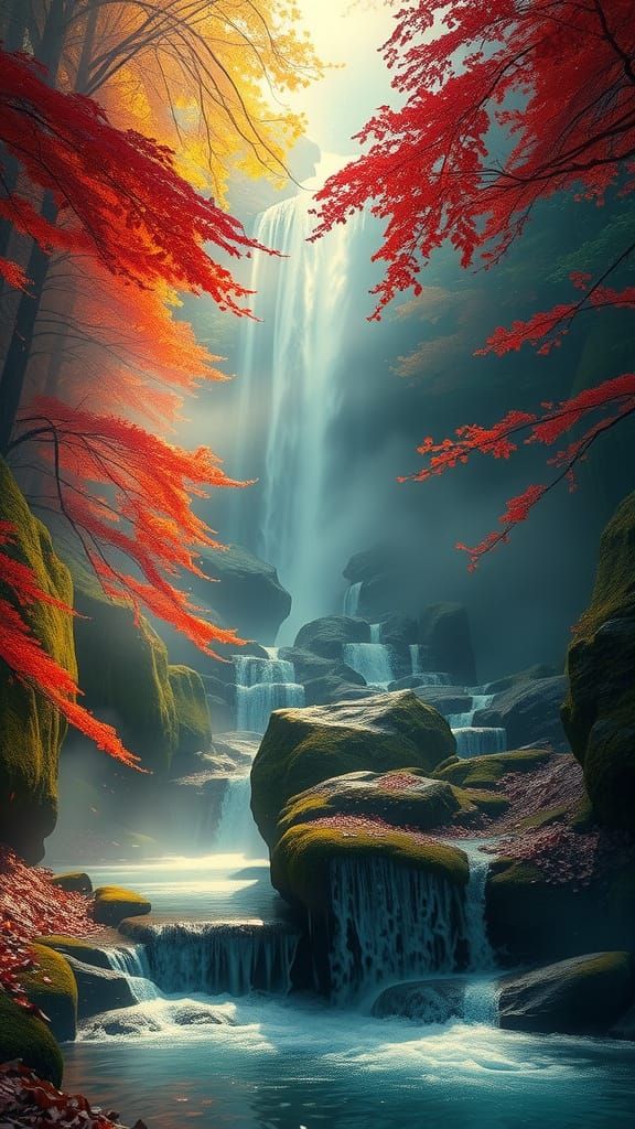 Majestic Autumn Waterfall in Ethereal Forest