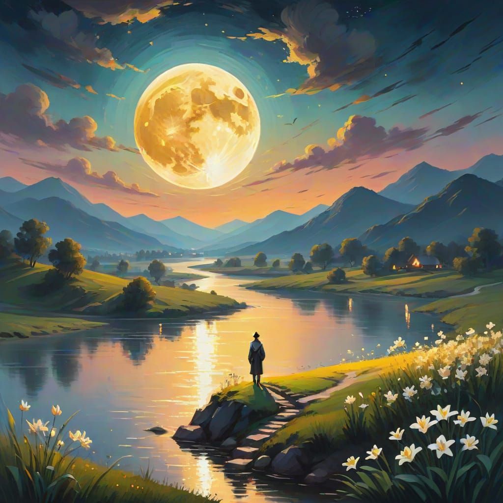 Moonlit Figure in Oil Painting Landscape