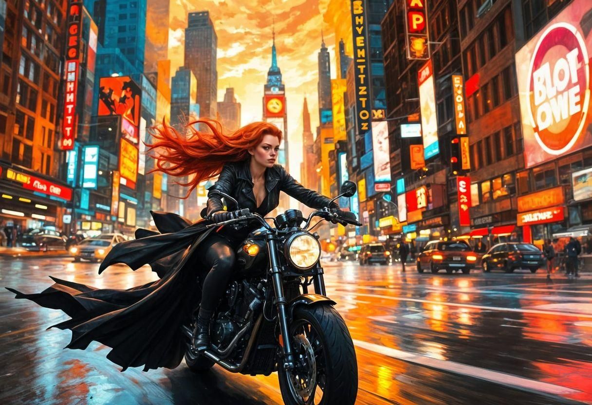 Redhead Woman Rides Motorcycle in Comic Art Style
