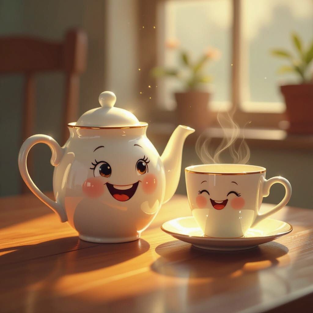 Cheerful Teapot and Cup in Whimsical Illustration Style