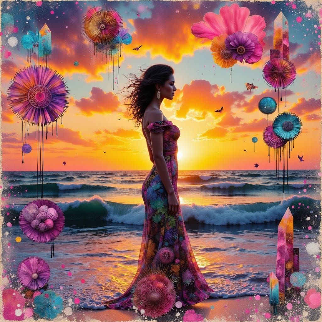 Sunrise Beach with Woman in Mixed Media Style