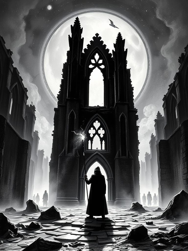 Torchbearer in Gothic Ruins, Doré Style