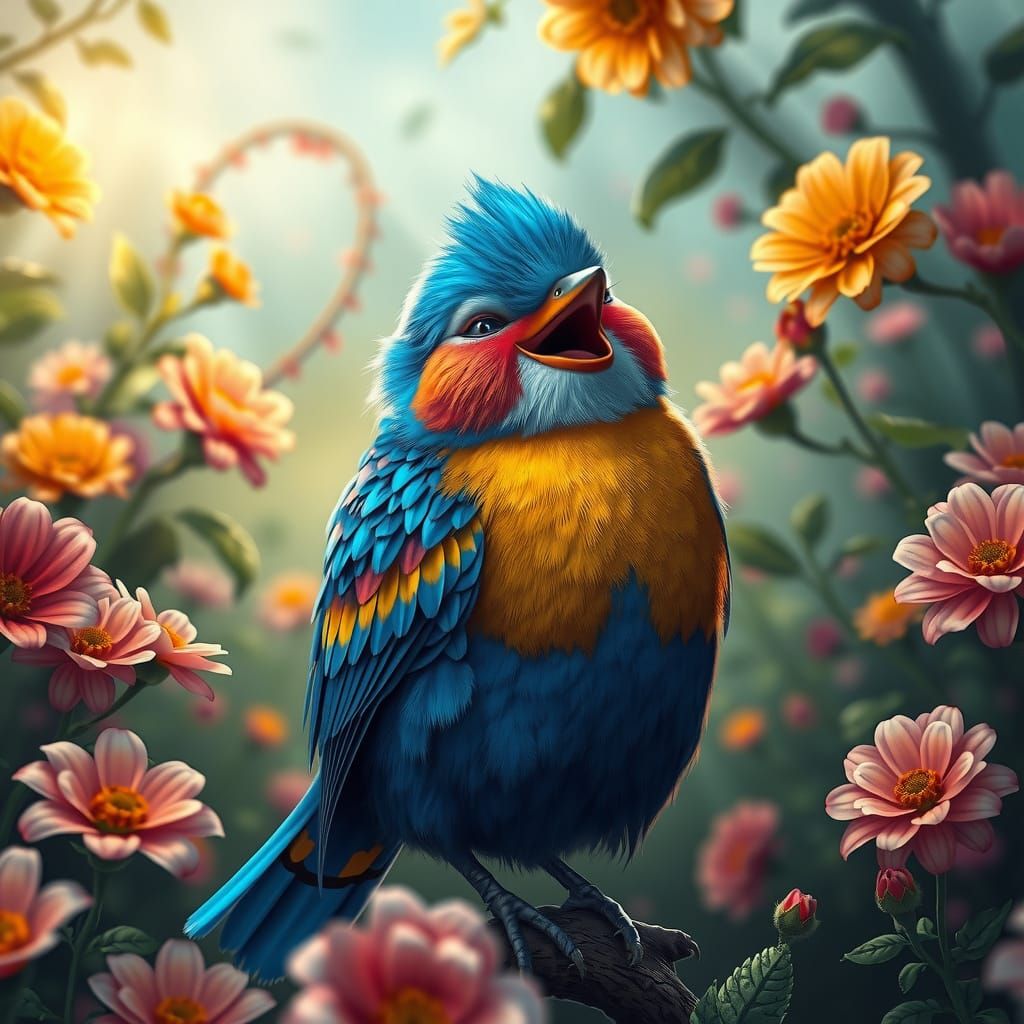 Blue Bird Sings in Lush Garden, Matte Painting