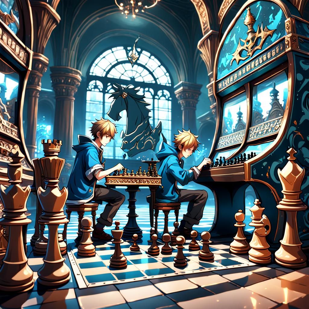 Anime Boy's Chess Game in a Detailed Arcade