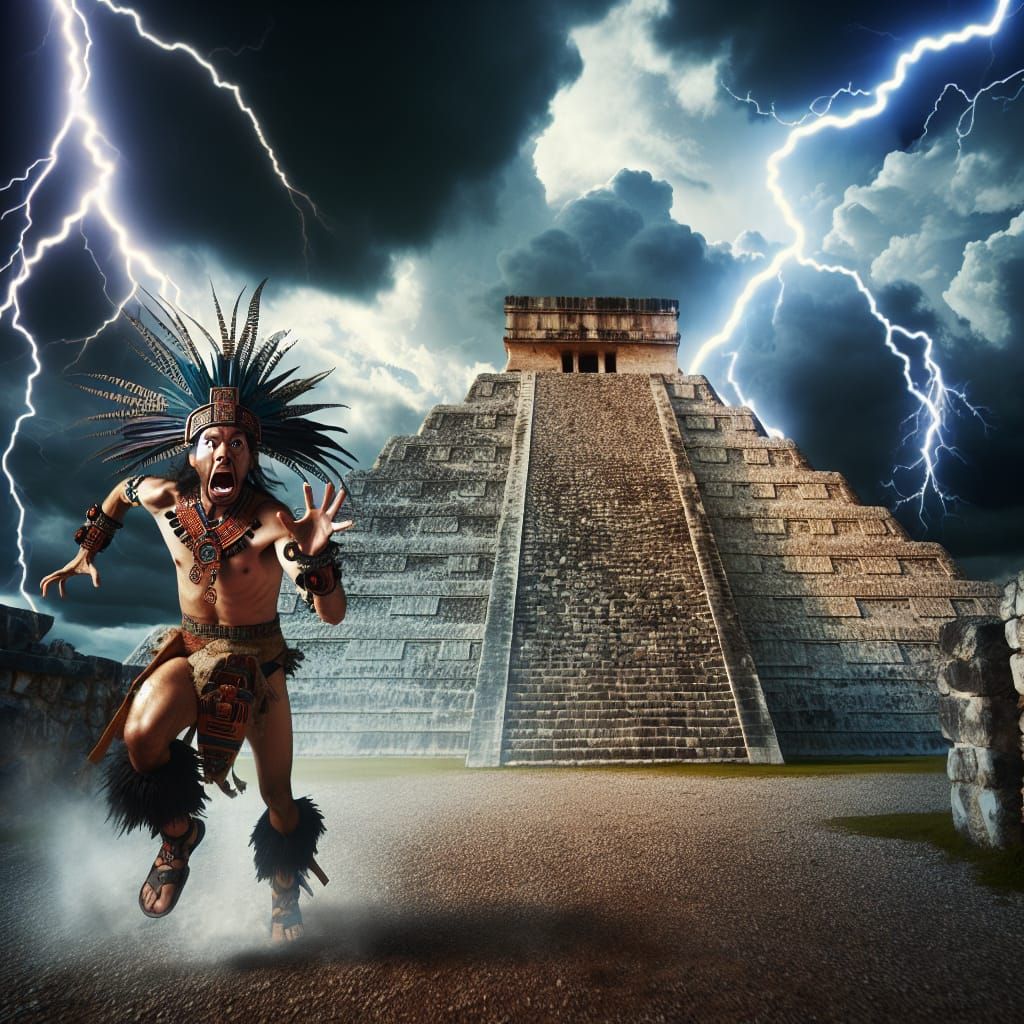 Aztec Warrior Fleeing Chichén Itzá During Lightning Storm