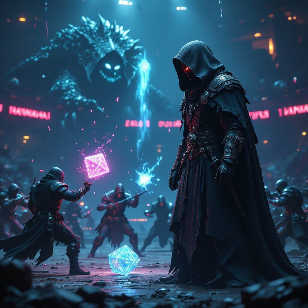 Ethereal Figure Oversees Neon-Lit Arena Battle