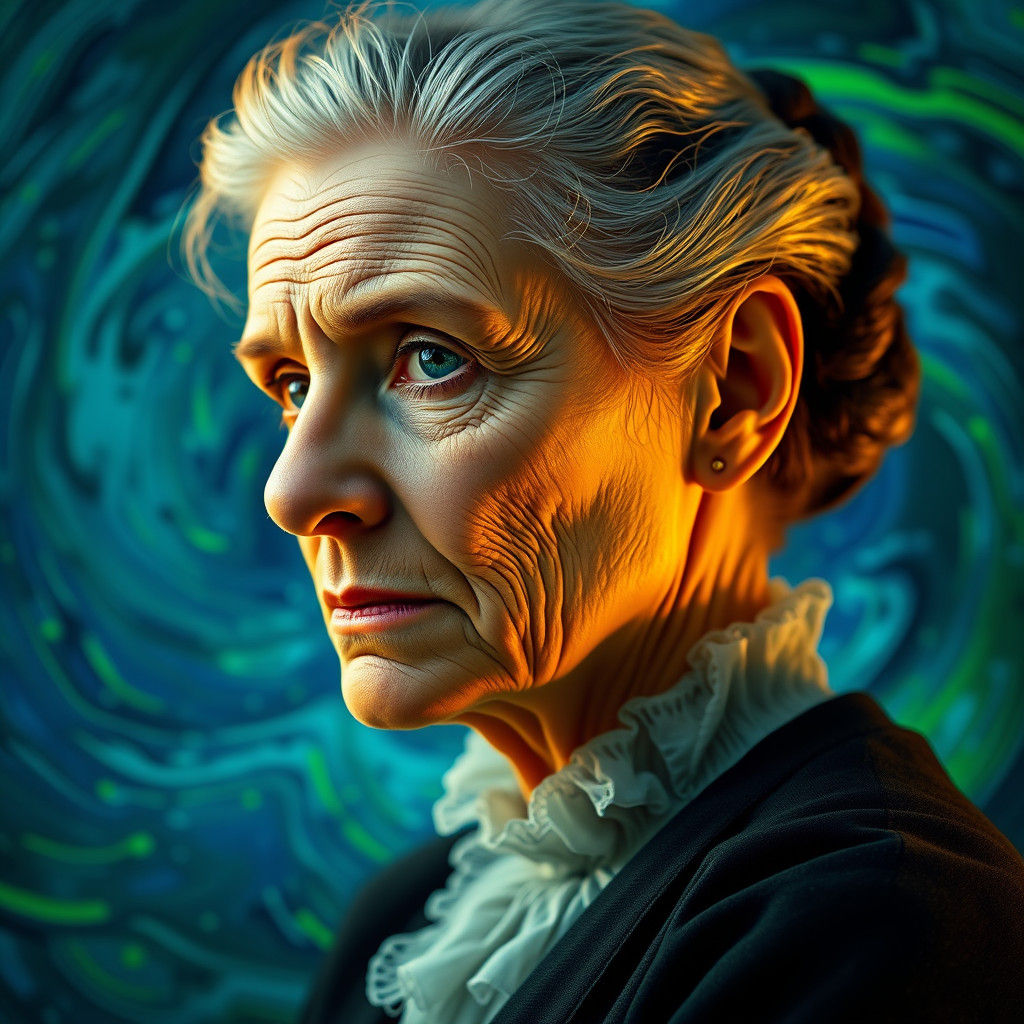Marie Curie Portrait with Radioactive Background