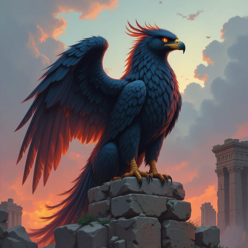 Majestic Griffin Perched Atop Ancient Ruins