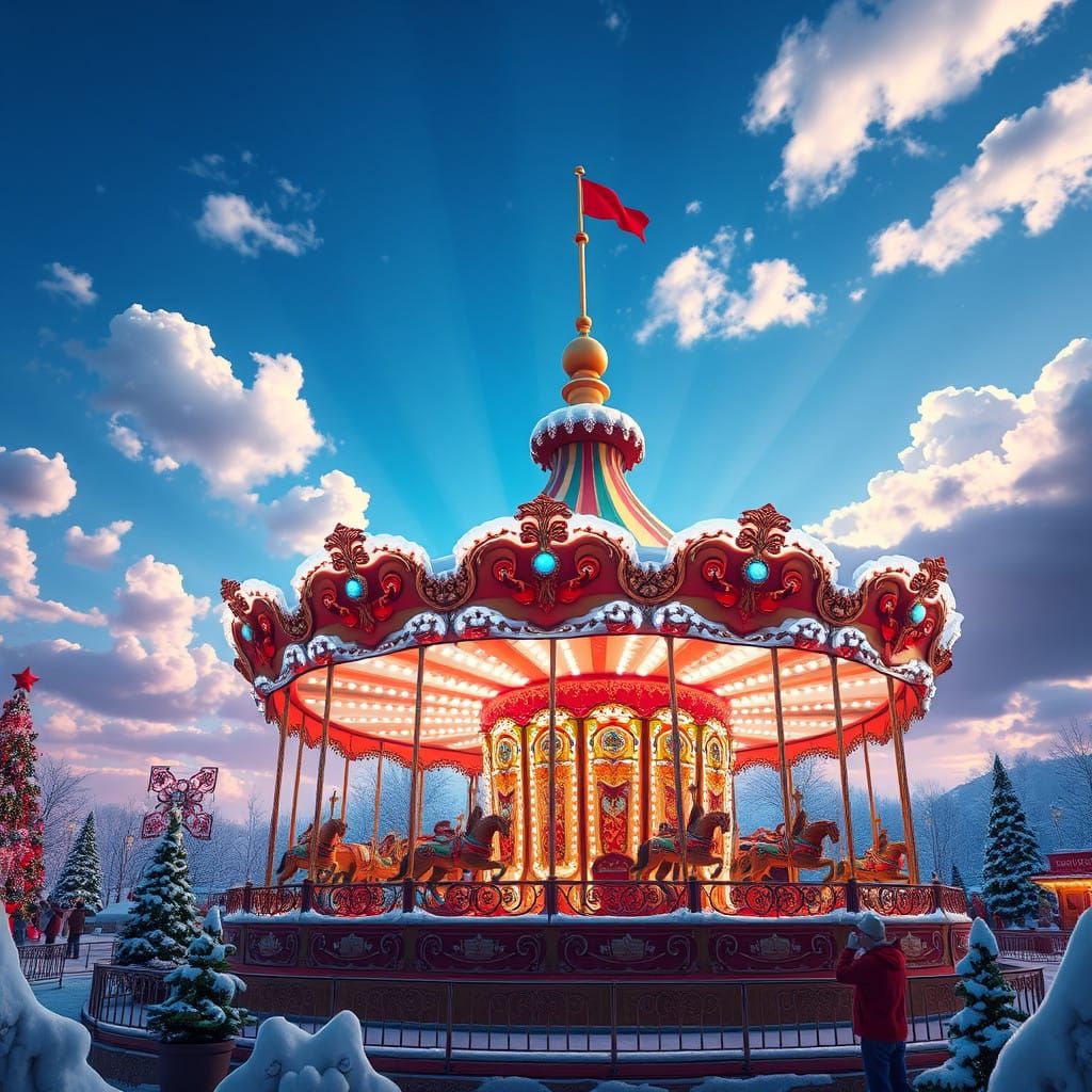 Whimsical Christmas Carousel in Vibrant Winter Wonderland