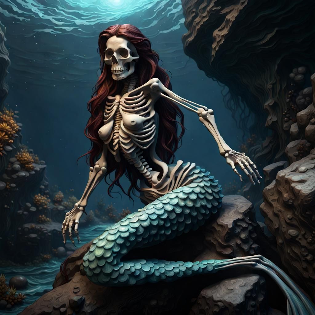 Mermaid Skeleton on a Rock, Dark Fantasy Style