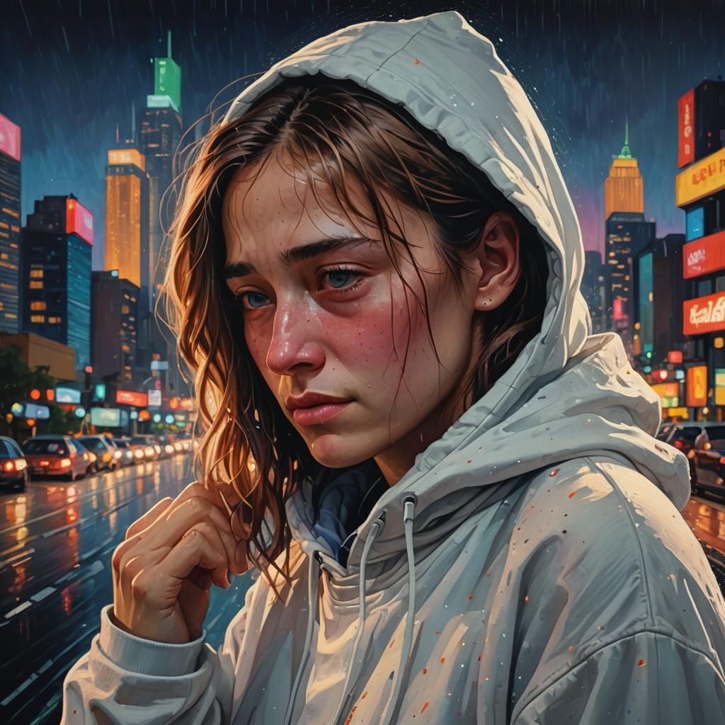 Emotional Embrace in City Lights: Hyperrealistic Portrait