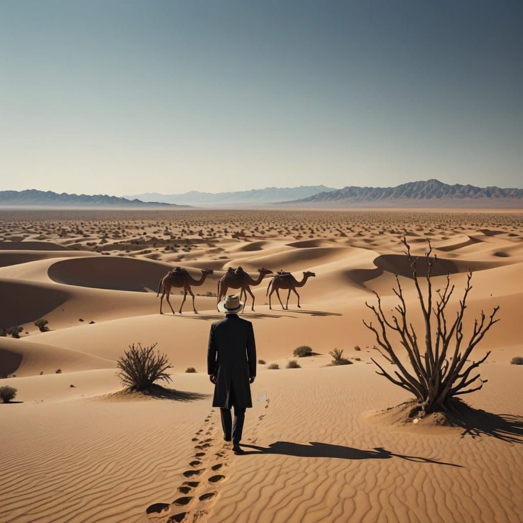 Camel Caravan Mirage in the Desert
