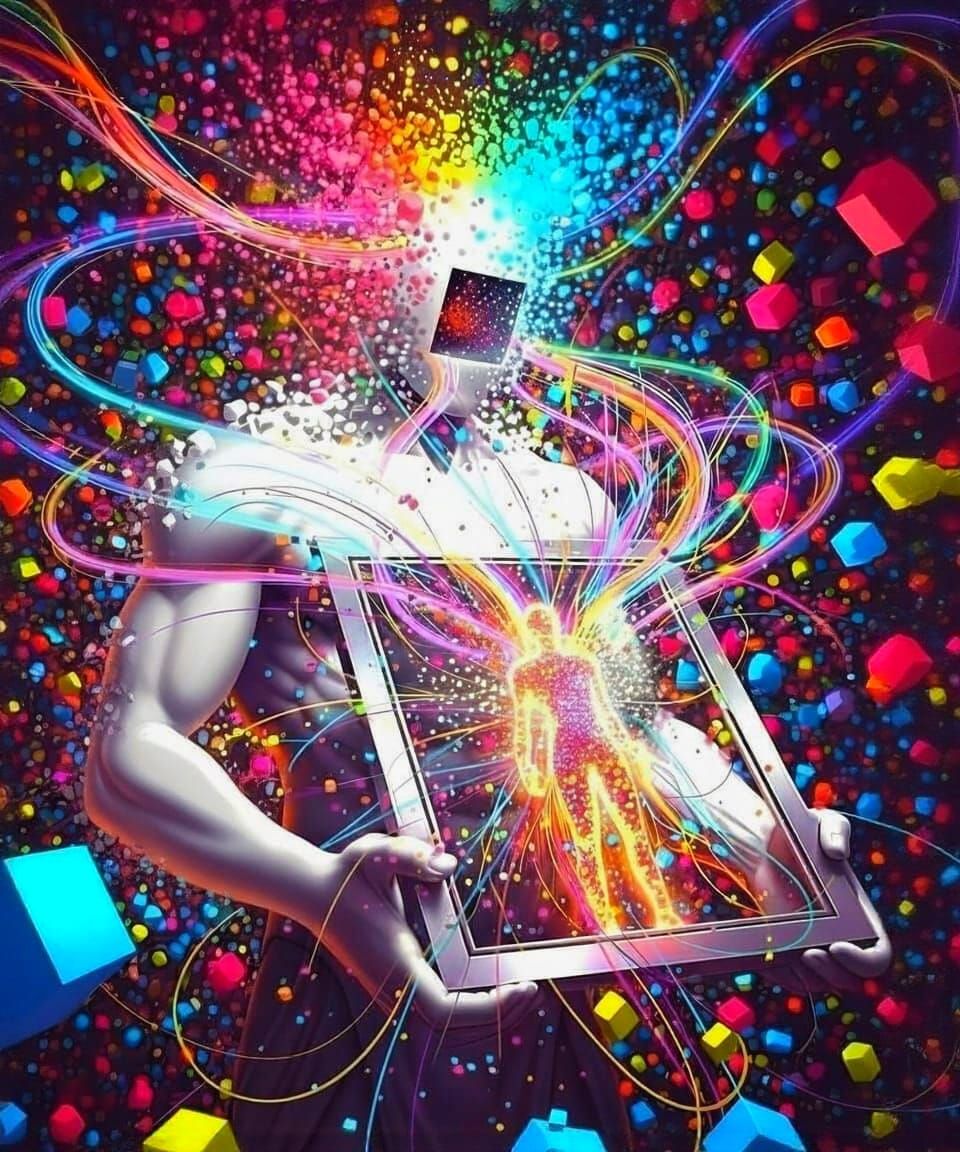 Surreal Figure Disintegrates into Neon Energy Cubes