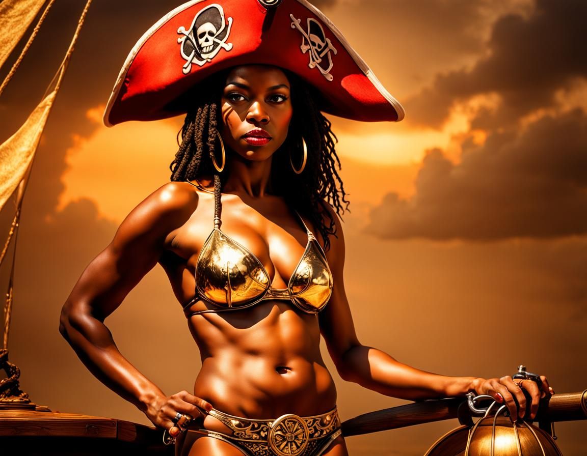 Pirate Woman in Golden Bikini, Hyperrealistic Detail