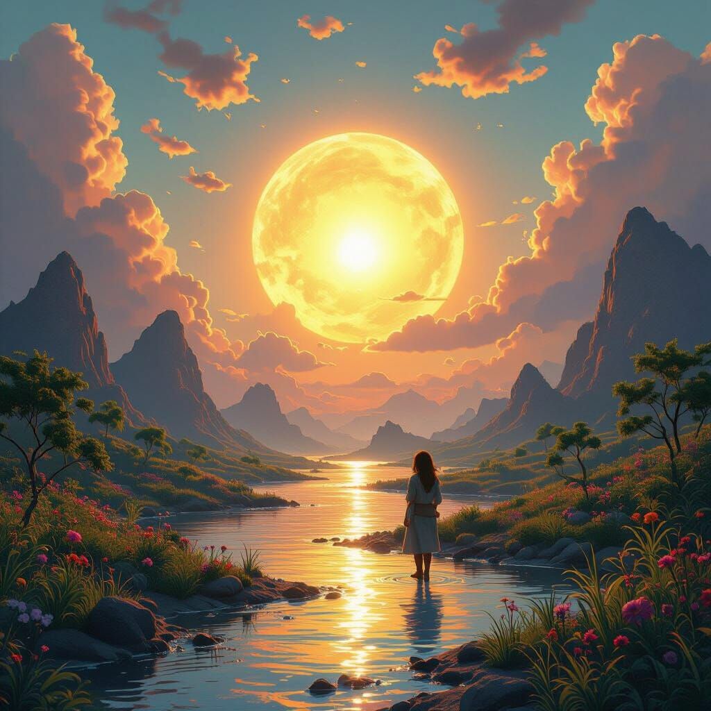 Words can paint a scene
The brush can write a poem
Who makes the Sun shine?

detailed matte painting, deep color, fantas...