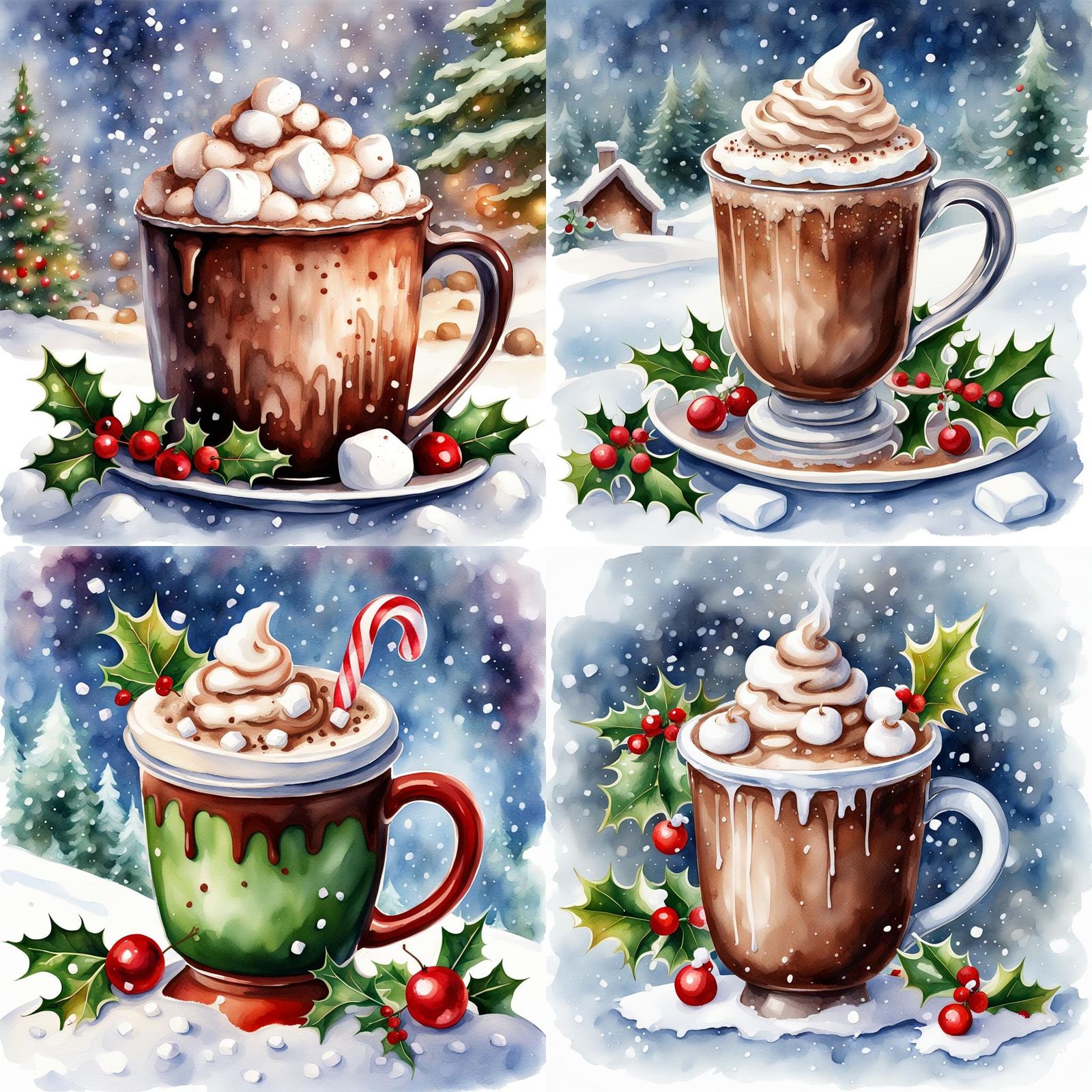 Watercolor Christmas Hot Chocolate with Marshmallows
