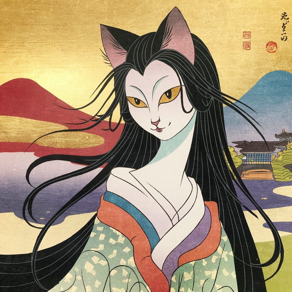 Abstract Woodblock Print of Cat as Ono-no-Komachi