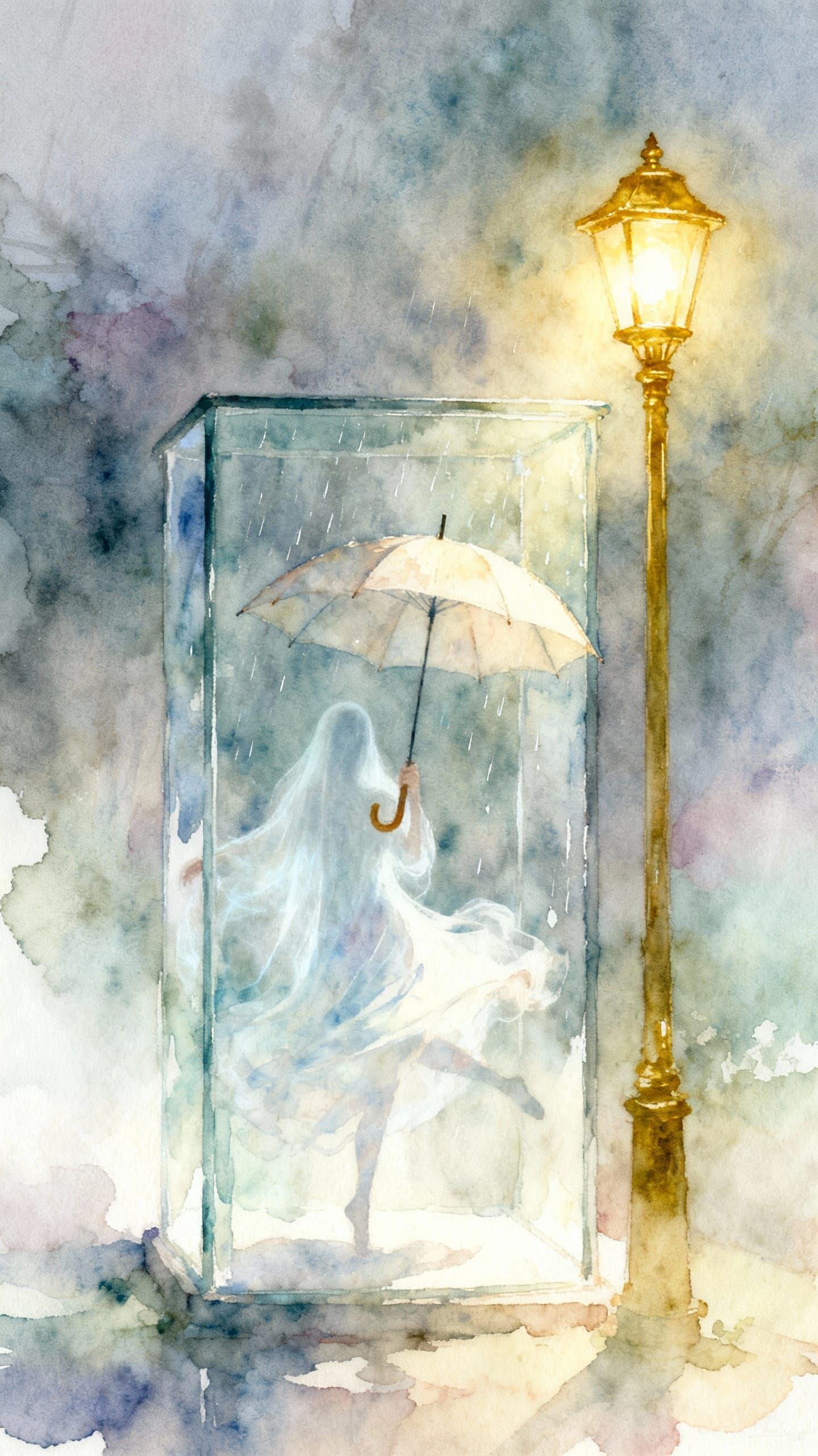 Ethereal Watercolor of a Ghostly Figure Under an Umbrella