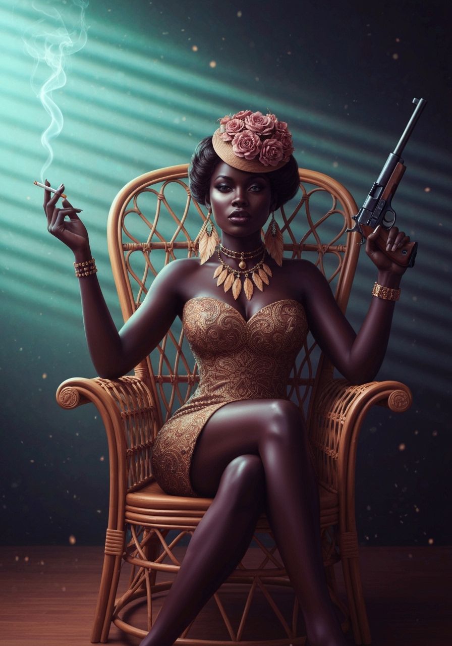 Woman Reclining in Rattan Chair with Pistol and Cigarette