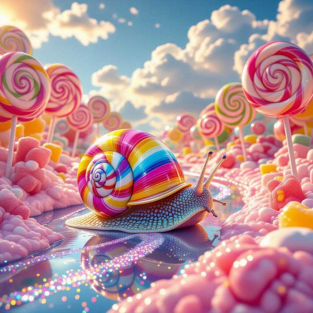 Colorful Snail's Candy Forest Adventure in Hyperrealistic St...