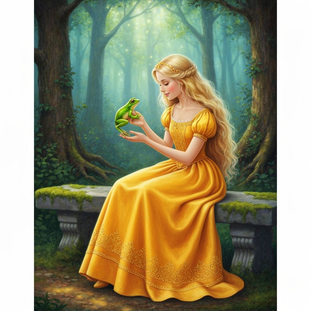 Princess with Frog in Enchanted Forest Illustration