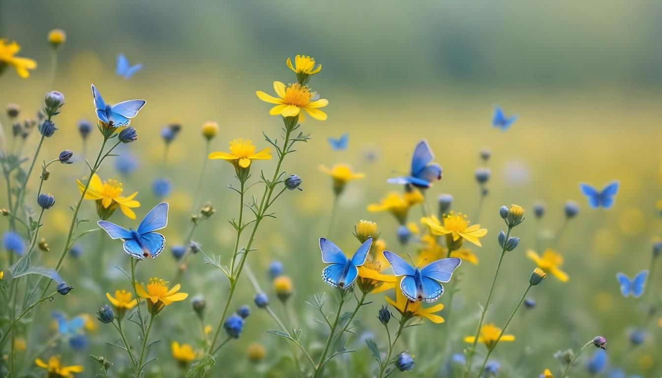 Blue Butterflies Pollinating Wildflowers on Summer Day