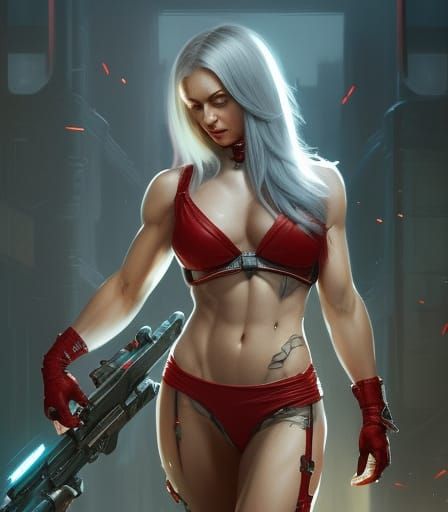 cute comfort girl, white hair, red tattoos, muscular, voluptuous, a masterpiece, 8k resolution, dark cyberpunk concept a...