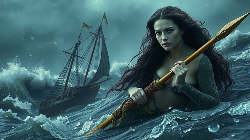 Mermaid Battles Stormy Seas with Spear Near Ship