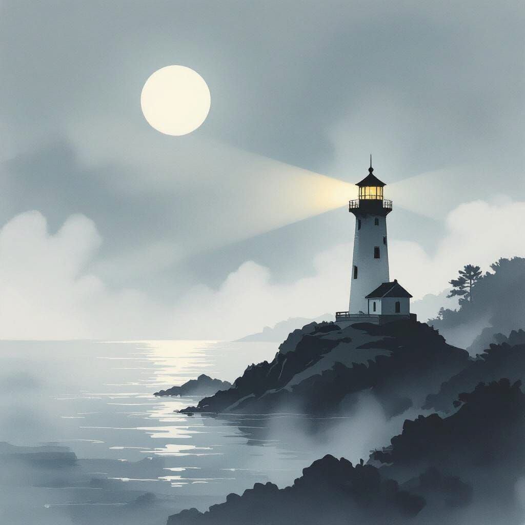 Lighthouse Beam Piercing Ethereal Fog in Japanese Ink Wash S...