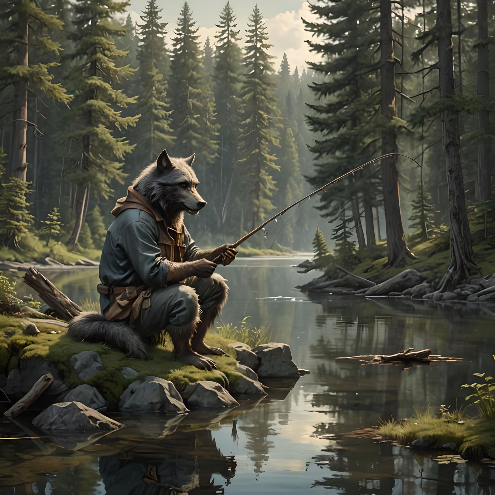 Peaceful Wolfman Fishing by Forest Lake