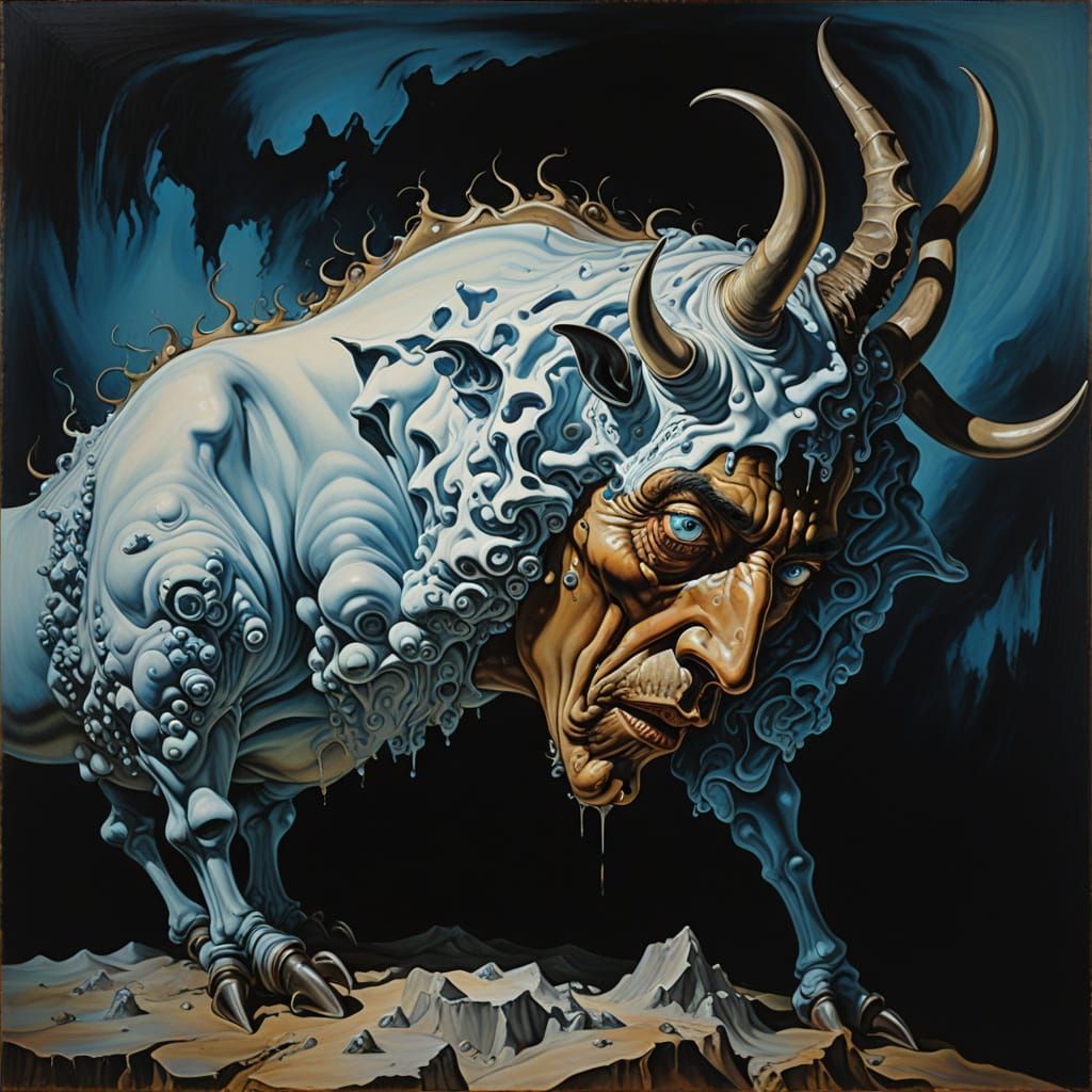Surreal Horned Figure with Piercing Blue Eyes