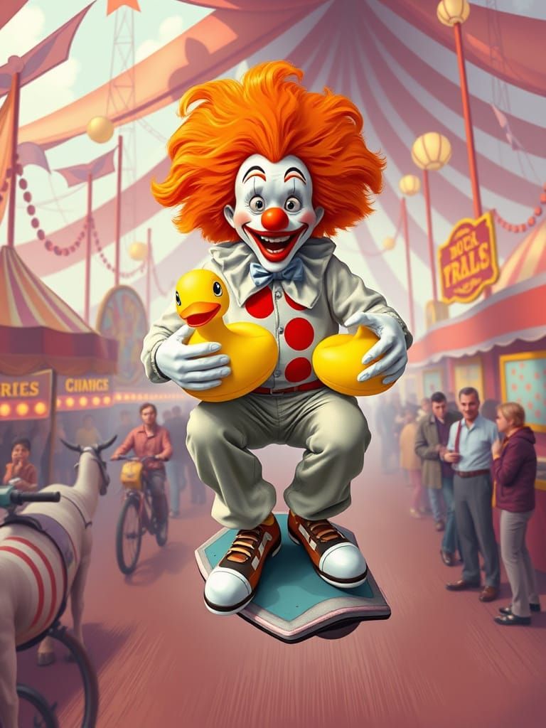 Clown on Hoverboard with Duck, in Futuristic Style