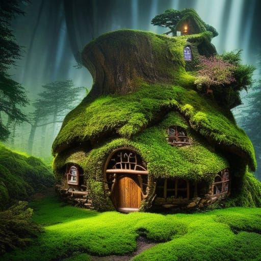 Whimsical Fairy Cottage in Gnarled Tree, Digital Painting