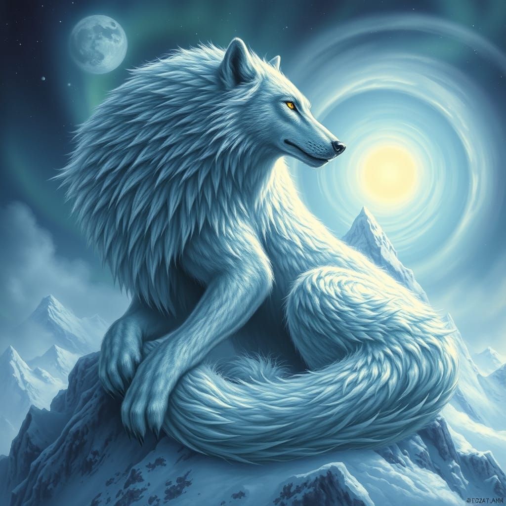 Epic Fantasy: Colossal Wolf Encircling Snowy Mountain