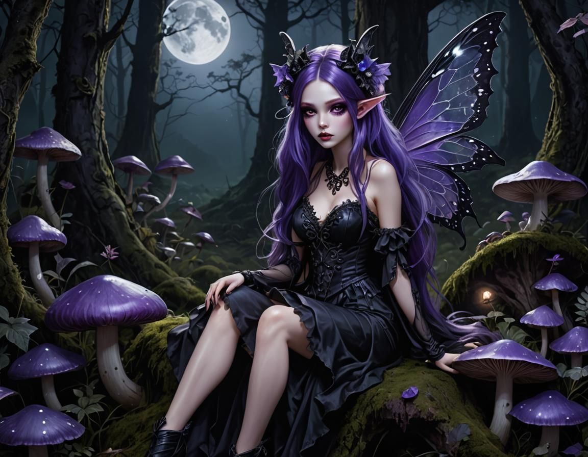 Gothic Dark Fairy with Purple Hair in Moonlight