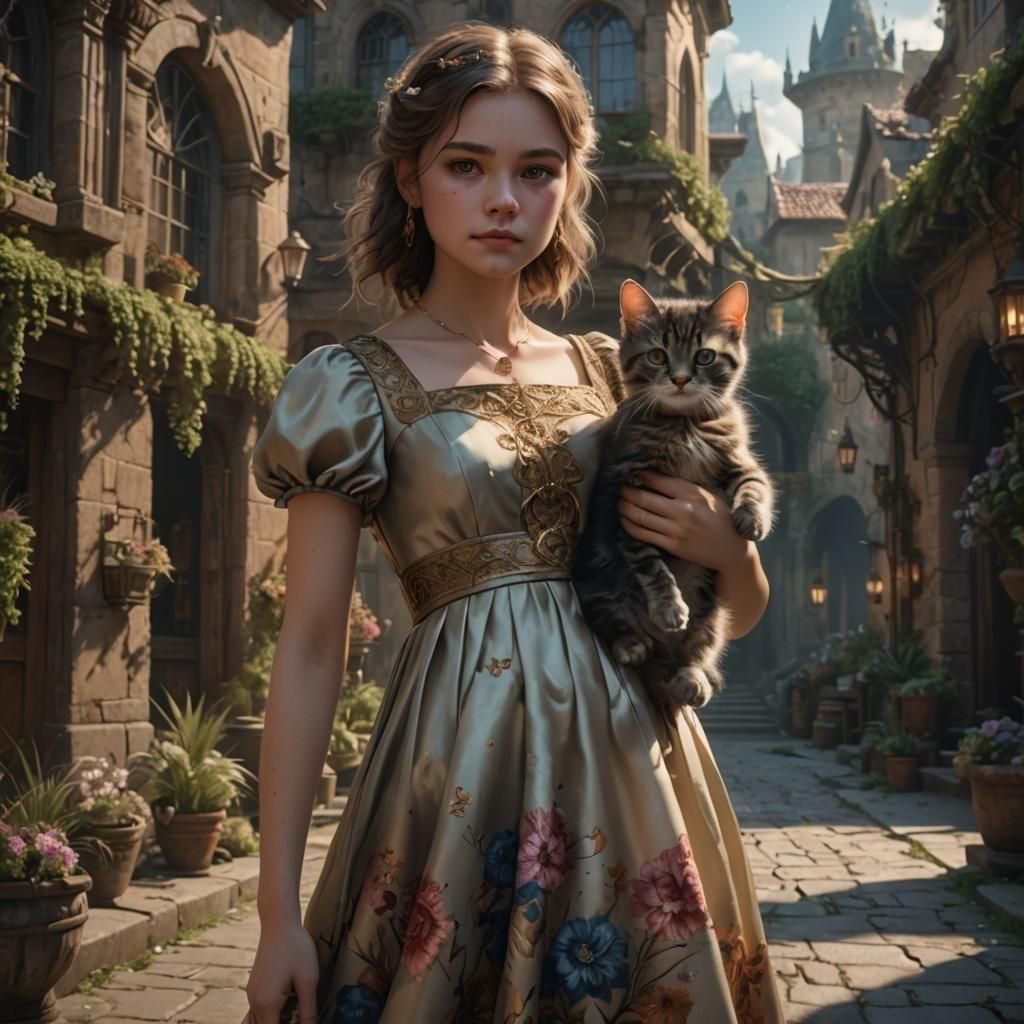 Girl with Kitten: Detailed Fantasy Concept Art