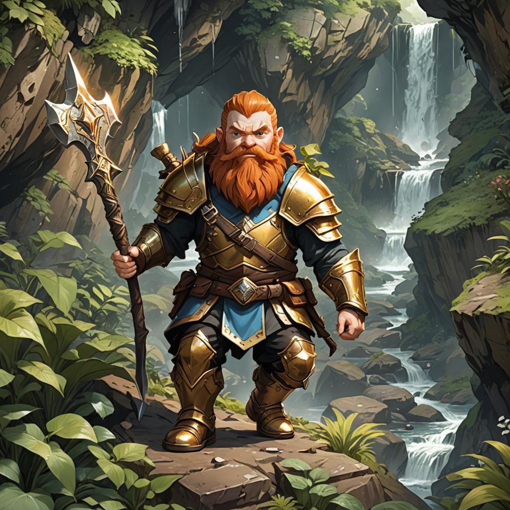 Anime Dwarf in Cave with Waterfall and Diamonds