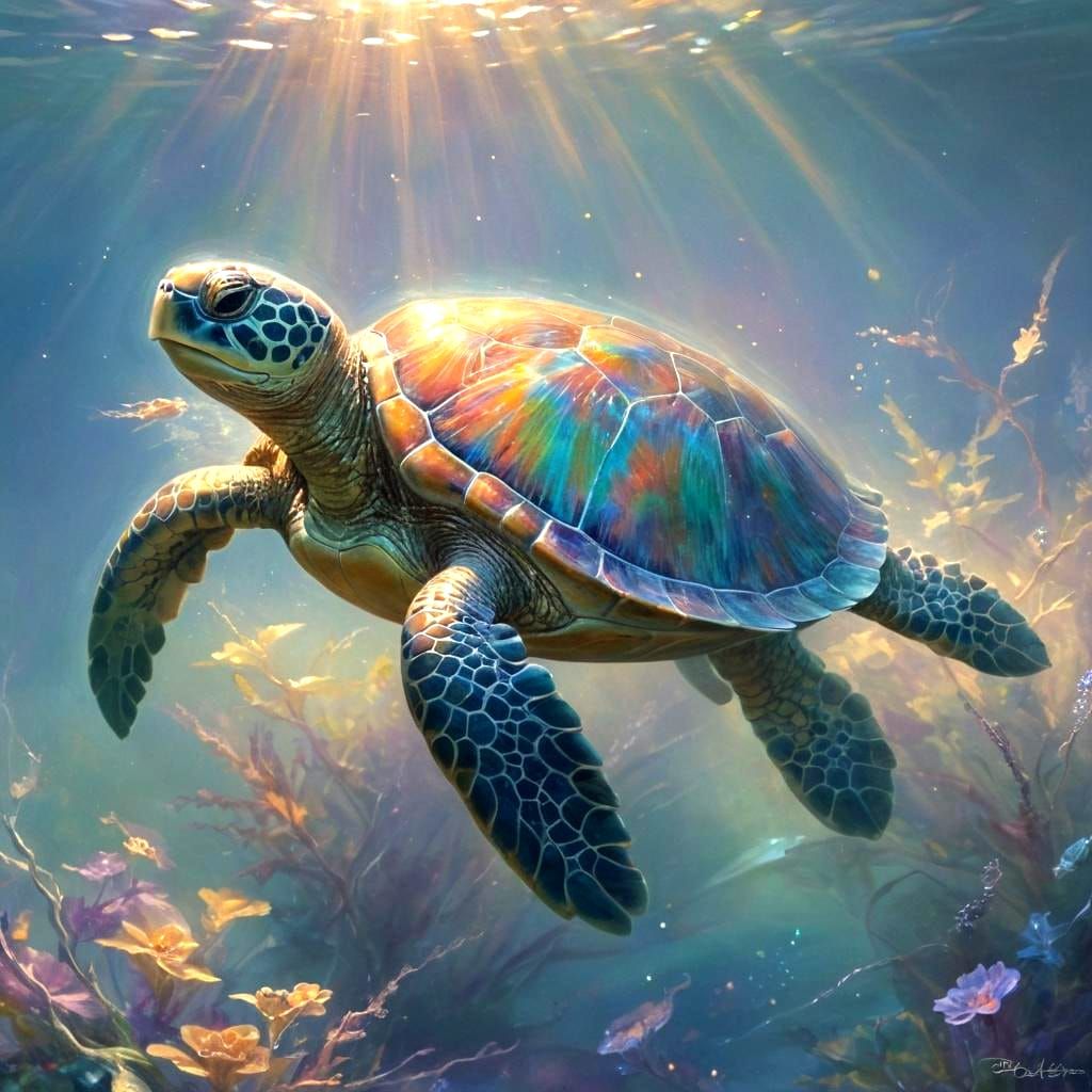 Glowing Glass Sea Turtle in Ethereal Mist