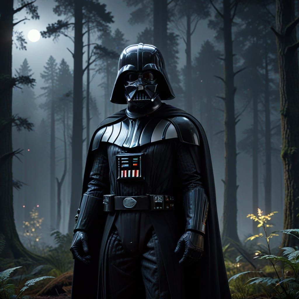 Darth Vader on Foggy Forest Planet at Night