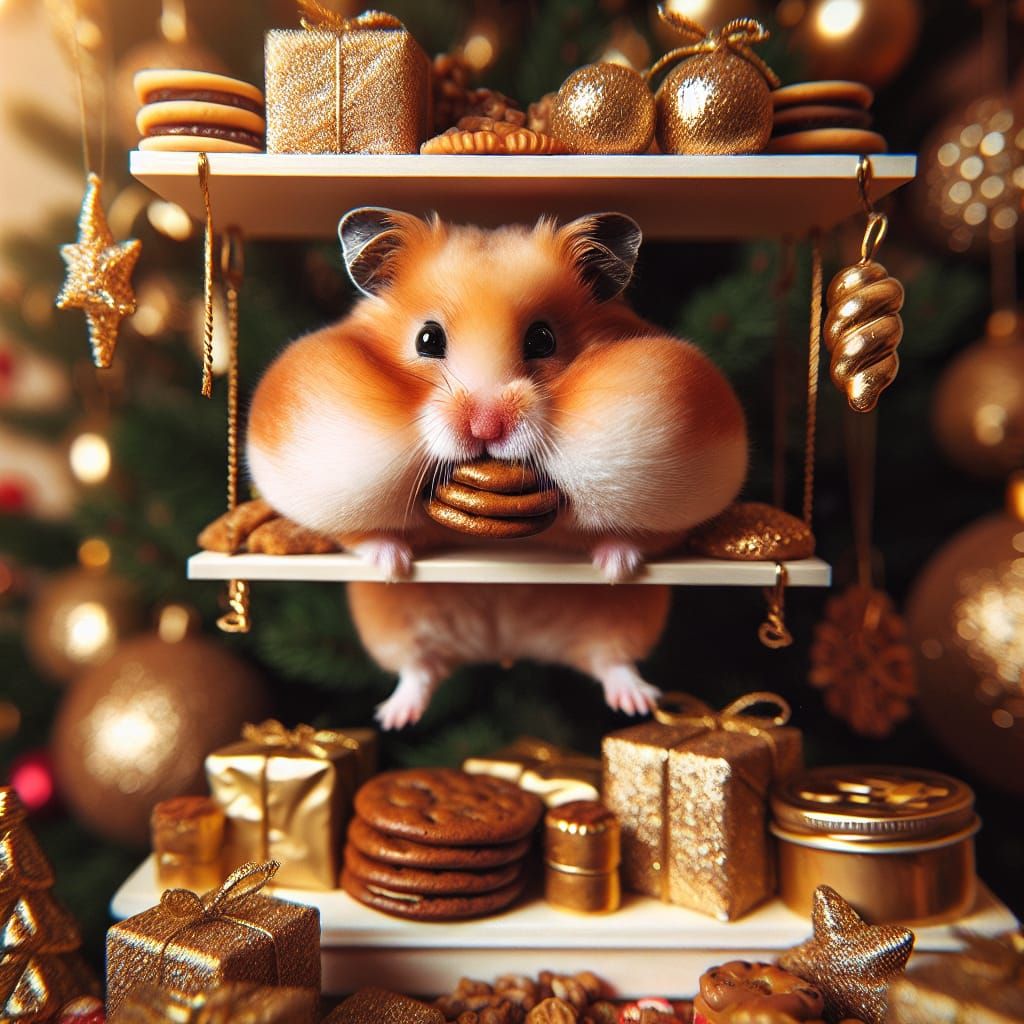 Golden Hamster Enjoying Christmas Treats in Festive Setting