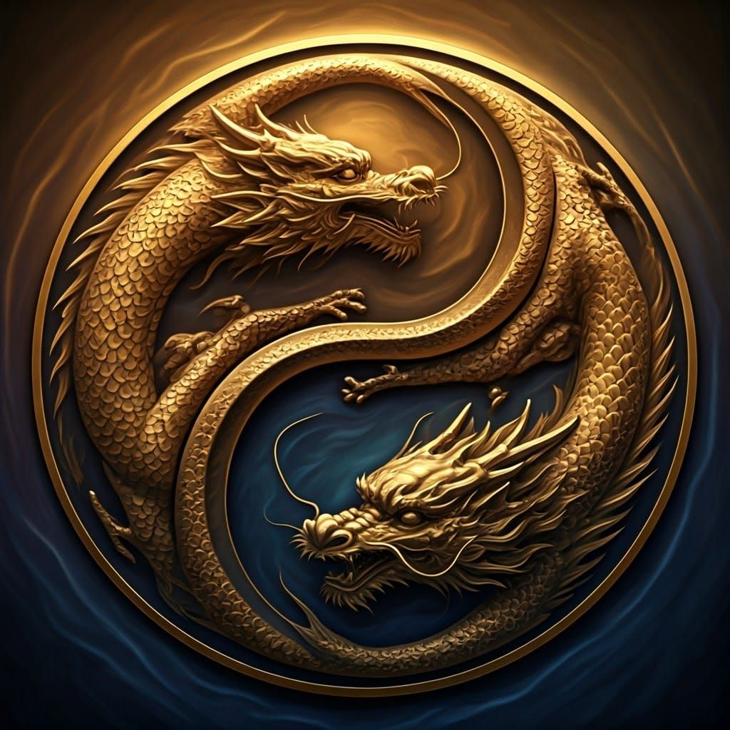Golden Dragons Embrace Yin Yang Symbolism