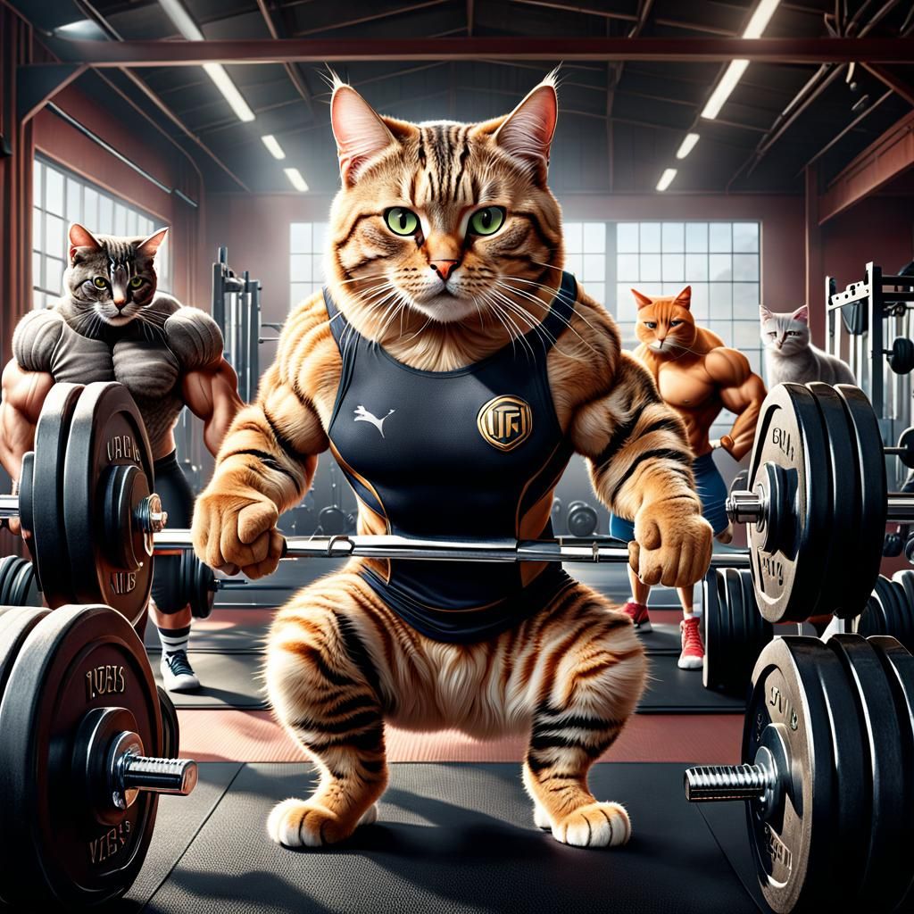Muscular Cat Weightlifter in Gym: Digital Matte Painting