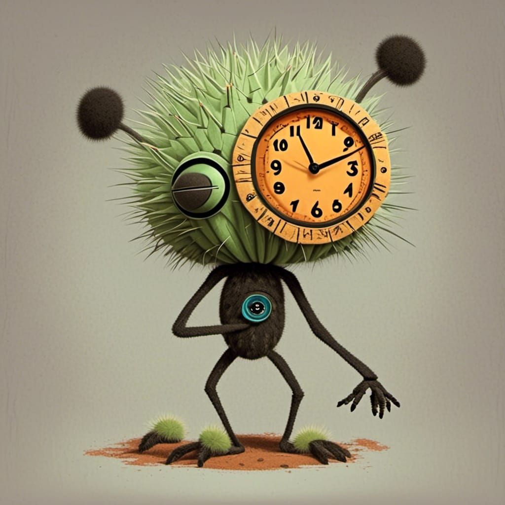 Cactus Creature Holding a Clock