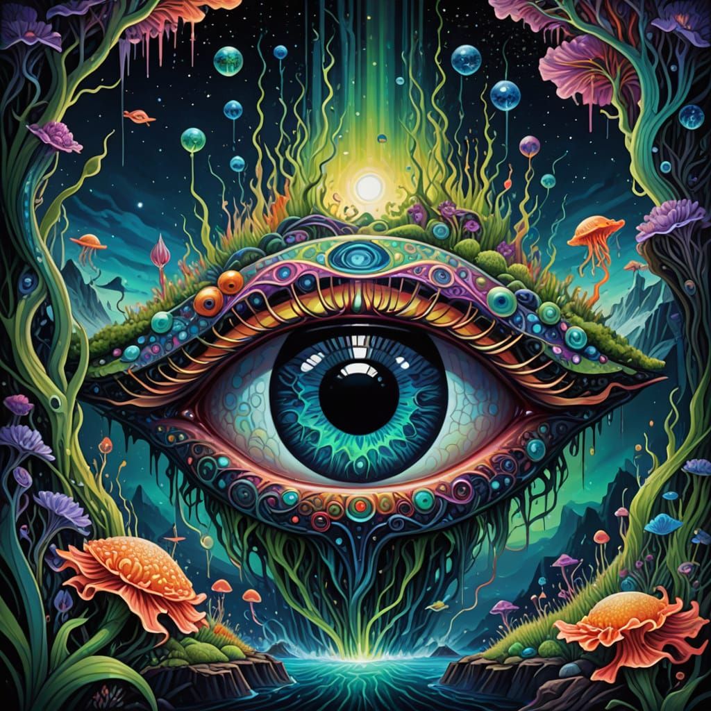 Surreal Eye in Bioluminescent Ocean, Inspired by Cosmic Surr...