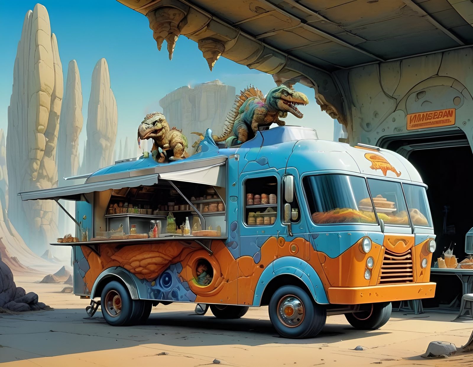 Cyberpunk Flintstones Dinosaur Food Truck Art