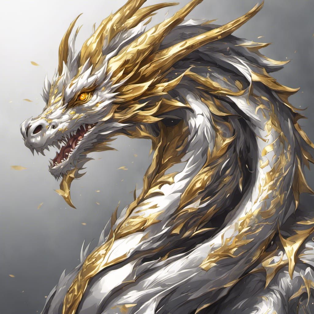 Mythical Silver Dragon with Golden Designs in Anime Style