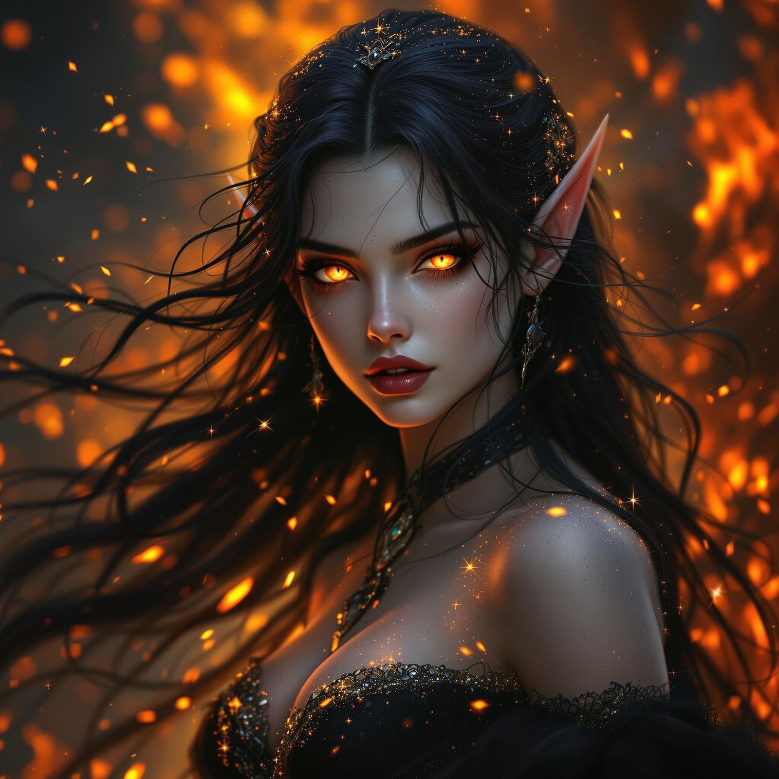 Ethereal Elf Maiden Standing before a Blazing Inferno in Fan...