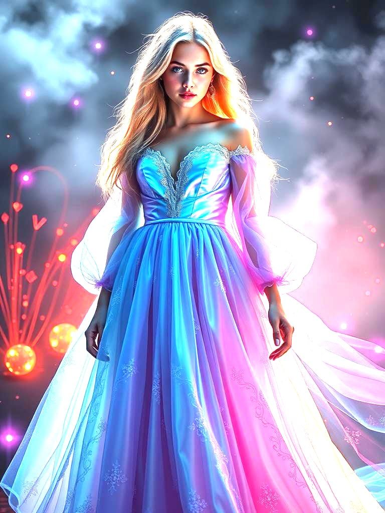 Нереальная красота. Красивые руки. Красивое лицо. Стройная фигура. Платье с корсетом. Неон. Hyperrealistic vivid digital...