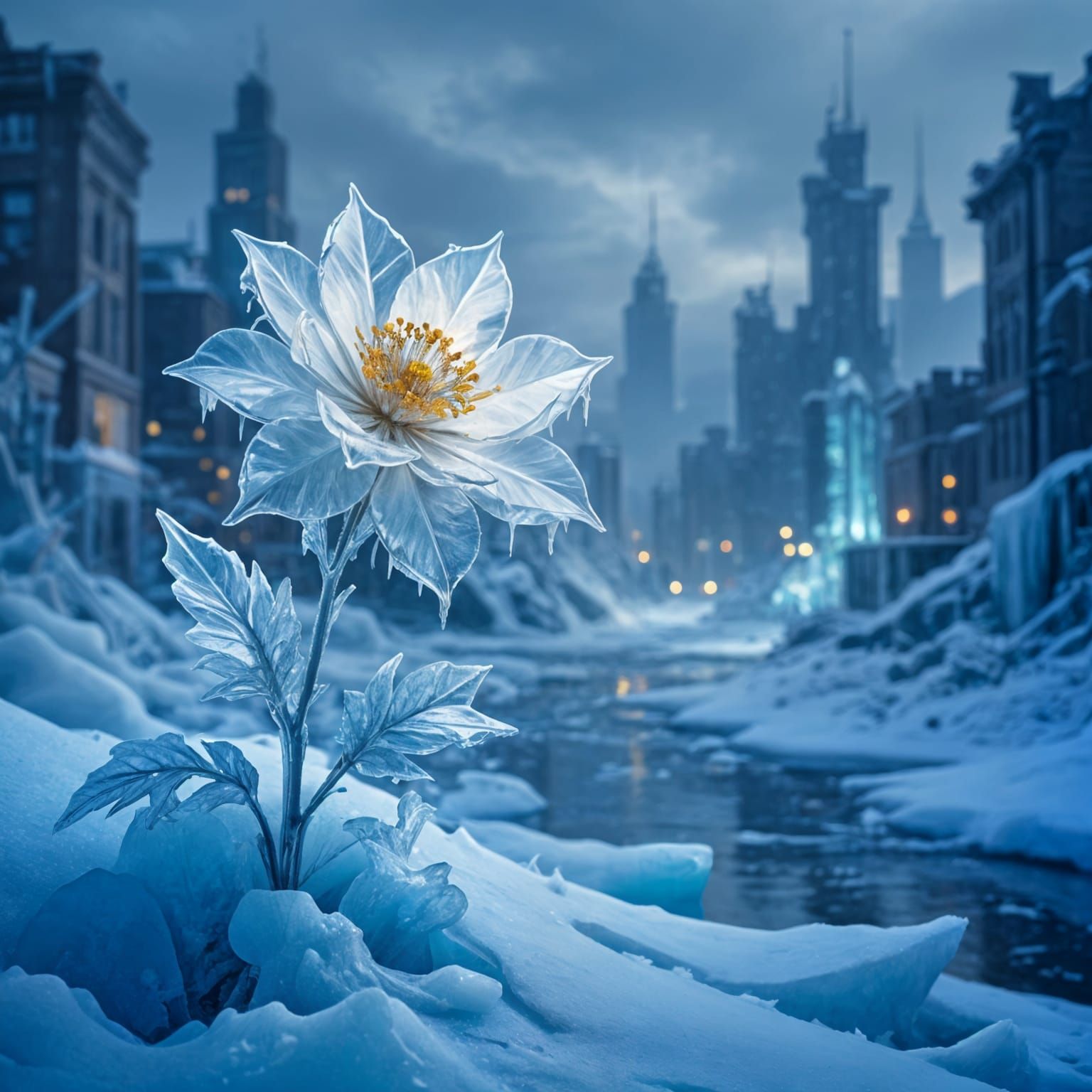 Ice Flower in Post-Apocalyptic Cityscape